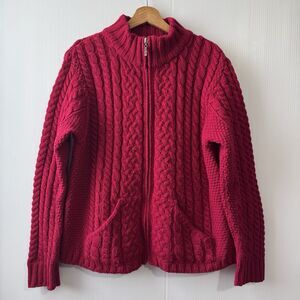 Aran Crafts Red Women's Cable-Knit Merino Wool Cardigan Sweater Full Zip L